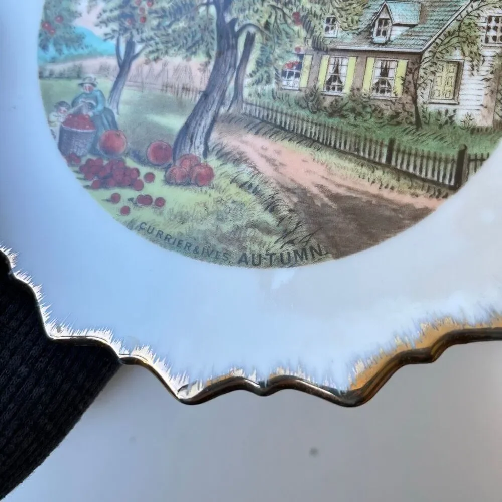VTG Currier & Ives Autumn & Winter Plates 7.25” Gold Trim Wall Decor Set of 2
